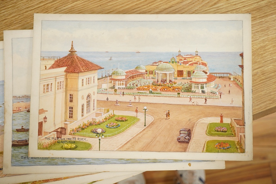 William Carruthers Affleck (1868-1943), Set of seven original watercolours for postcard designs, comprising of Hasting views, to include: ‘Sunken Gardens’, ‘Fairlight Glen’ and ‘The Pier’, 21 x 31cm